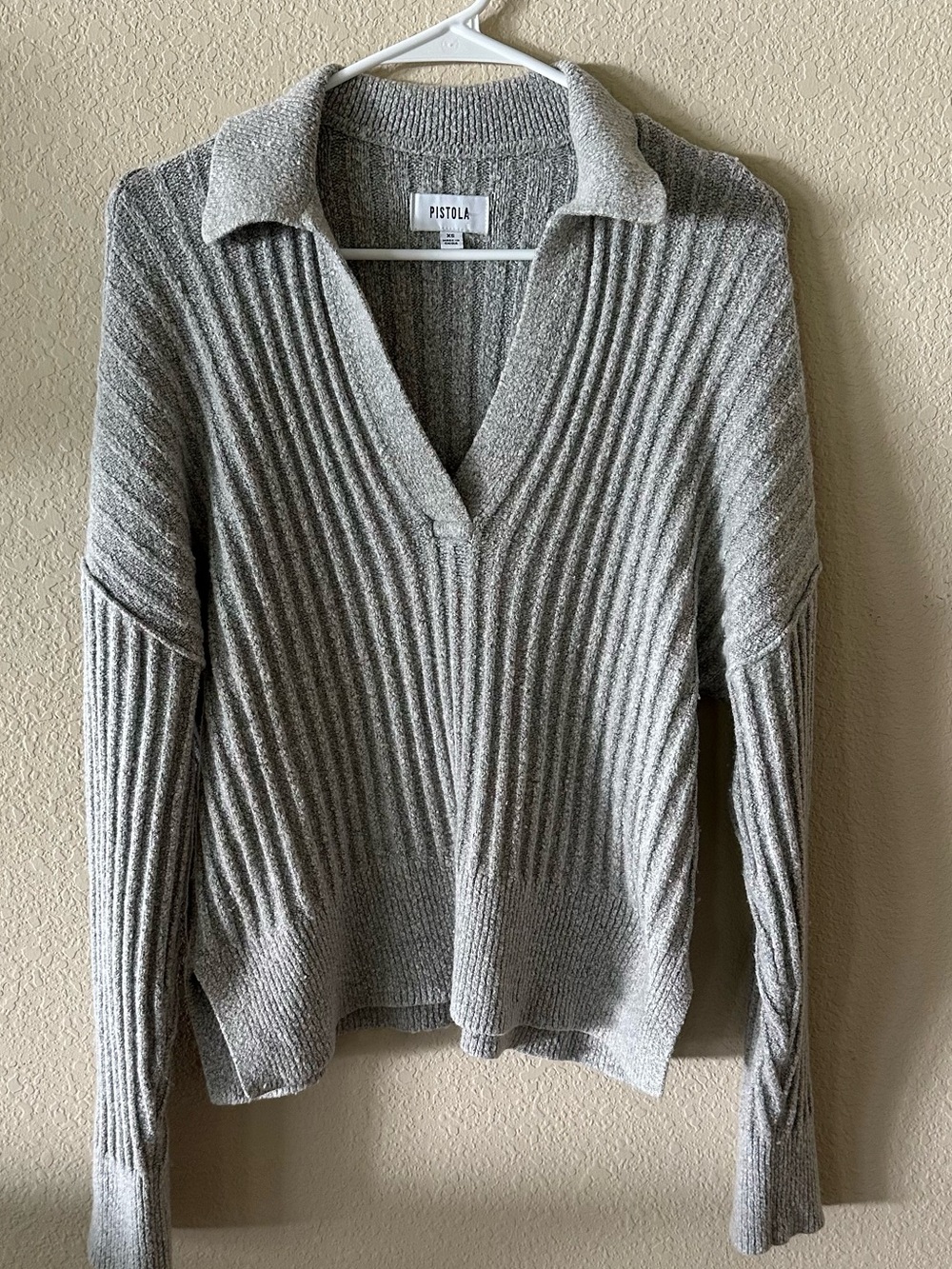 Pistola Zoe Relaxed Polo Gray Ribbed Collared V-Neck Sweater size XS